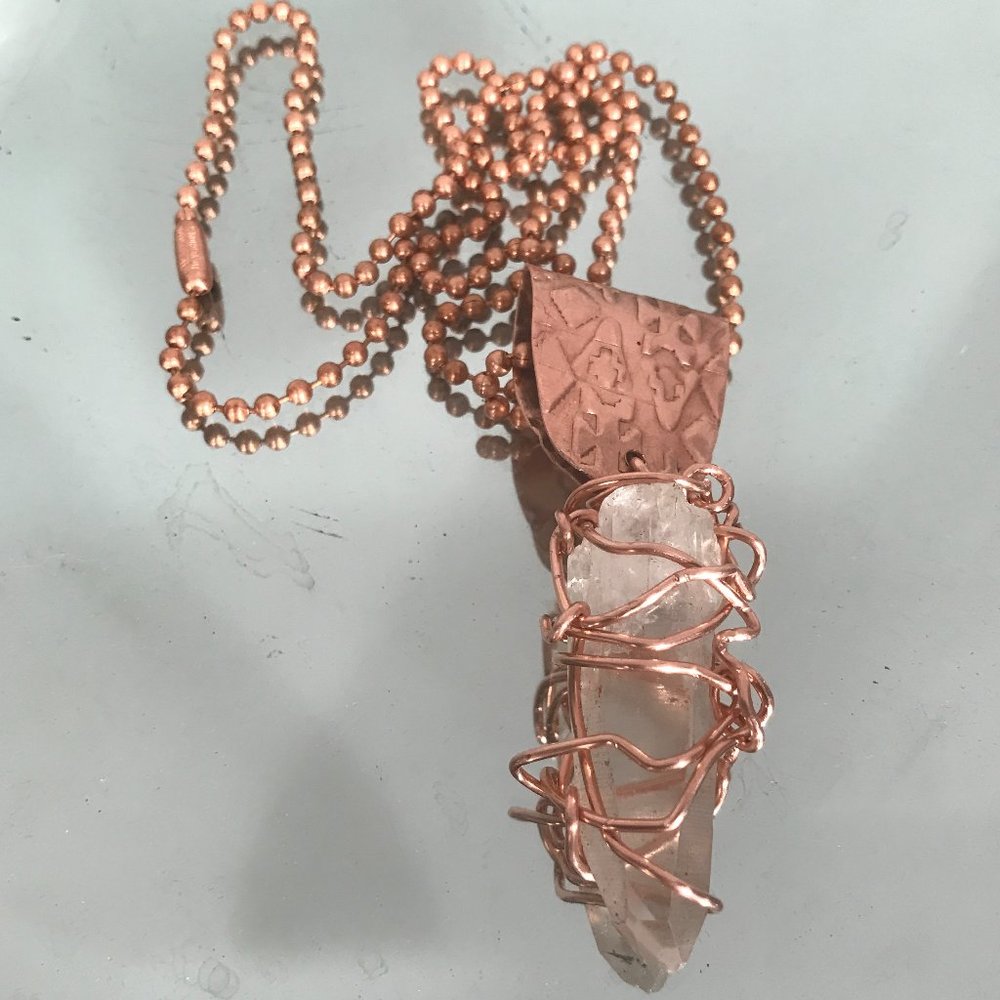 Lemurian Quartz Crystal Copper Choker Pendant Handmade Rustic Wire Wrapped - Picture 16 of 16